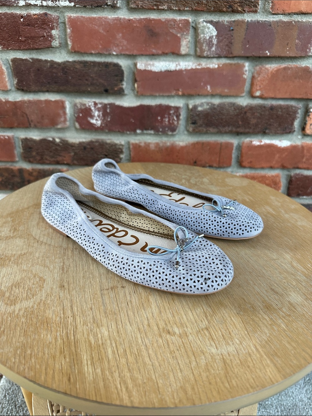 Sam Edelman Light Gray Laser-Cut Ballet Flats with Bow